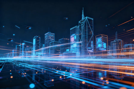 abstract night city with light trails and skyscrapers, 3d renderingの素材