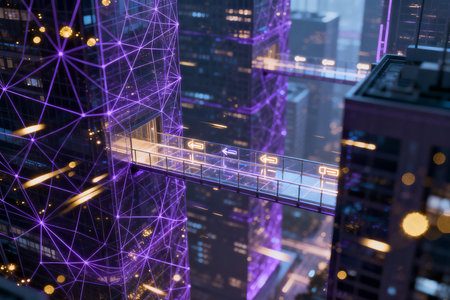 Abstract polygonal wireframe night city background. 3D Renderingの素材