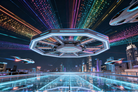 Futuristic spaceship flying over the city at night. 3D renderingの素材