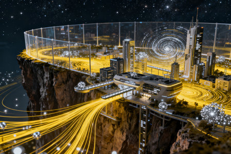 Futuristic city on the edge of the cliff. 3D renderingの素材