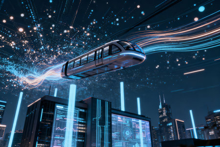 High-speed train flying in the night city. 3D renderingの素材