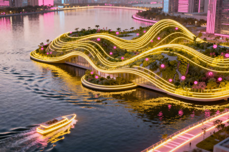 the light trails on the water in shanghai china.の素材