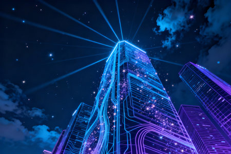 Abstract futuristic city at night with lights and stars. 3D renderingの素材