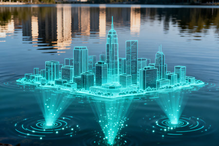 Abstract hologram of a city on the background of the lake. 3d rendering.の素材