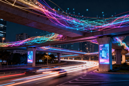 traffic light trails on the bridge in shanghai china.の素材