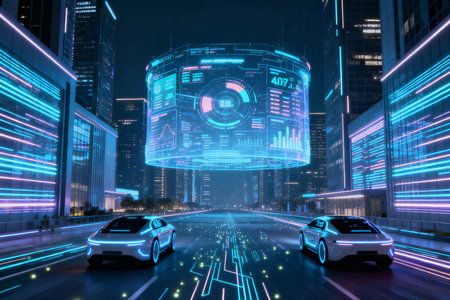 Futuristic city at night with neon lights and car on the roadの素材