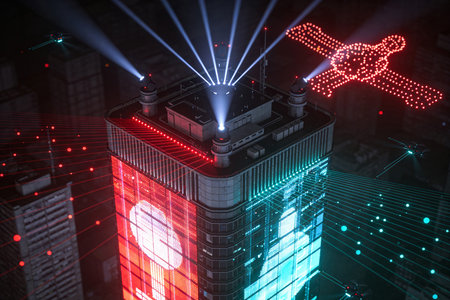 3D rendering of a modern city with skyscrapers and neon lightsの素材