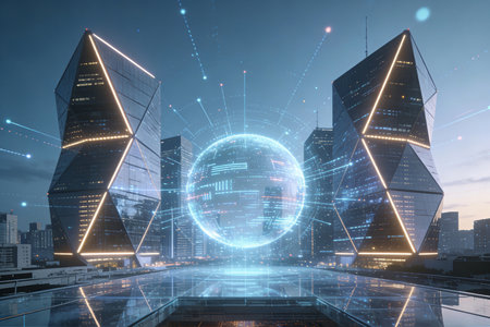 Glowing polygonal network hologram over cityscape background, 3D renderingの素材