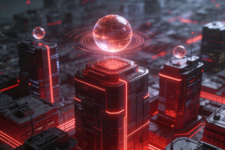 Futuristic city with glowing sphere. Technology and innovation concept. 3D Renderingの素材