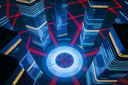 abstract night view of modern skyscrapers in hongkongの素材