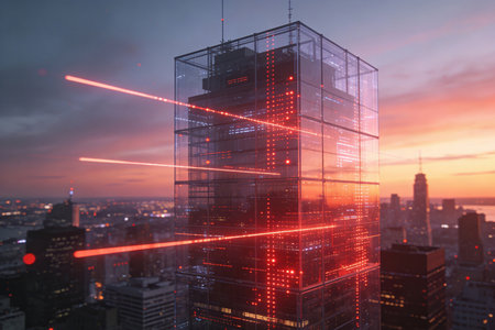Double exposure of modern skyscrapers and red neon lights at sunsetの素材