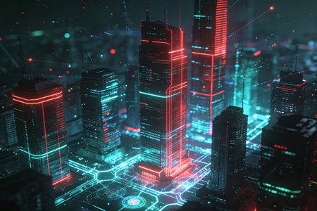 3D rendering of a futuristic city in blue and red light.の素材