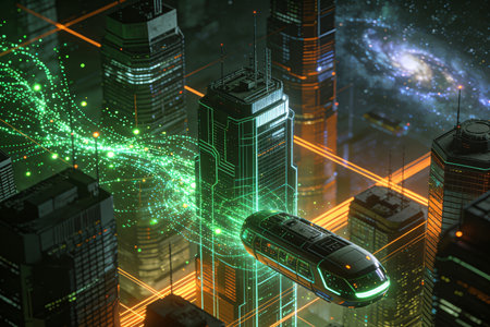 Abstract city background with high-rise buildings and cars. 3D Renderingの素材