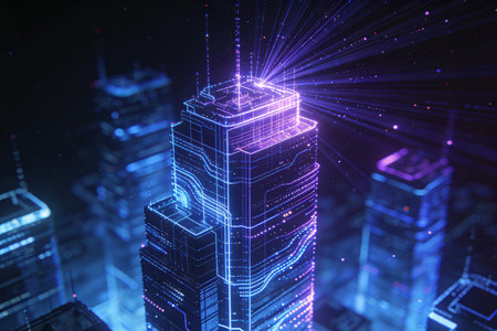 3d rendering of skyscrapers and neon lights in cyberspaceの素材