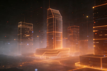 Futuristic city at night with lights and fog. 3D Renderingの素材