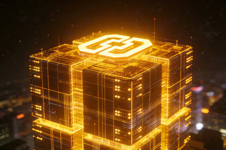 3D rendering of a hologram of a building with a symbol of the letter Gの素材
