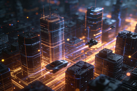 3d illustration of abstract city with glowing skyscrapers and carsの素材