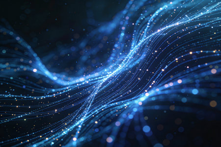 3D illustration of a blue abstract background with particles and bokehの素材