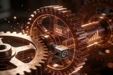 Cyber security concept with gears and padlock. 3D renderingの素材