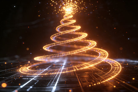 abstract christmas tree with glowing lights on dark background 3D renderingの素材