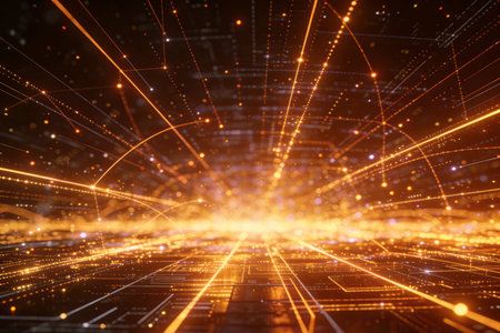 Abstract technology background with glowing lines and dots. 3D Renderingの素材