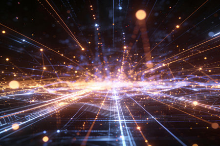 Abstract technology background with glowing lines and dots. 3D Renderingの素材