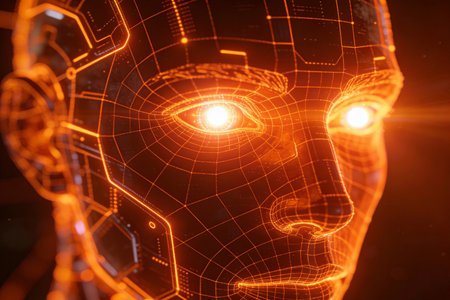 3D rendering artificial intelligence robot head with glowing lines in cyberspaceの素材