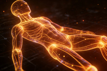 3D rendering of human body with glowing wireframe on dark backgroundの素材