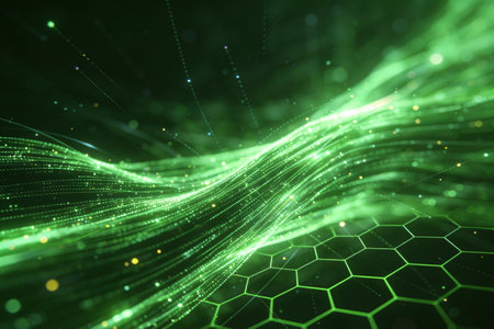 3D rendering of abstract technology digital background with hexagons and glowing particlesの素材