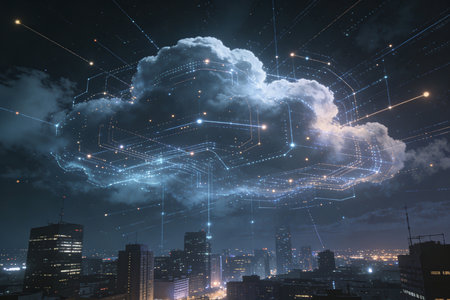 Cloud computing and networking concept on night city background. 3D renderingの素材