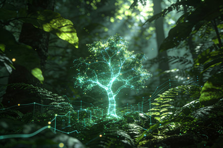 Futuristic tree in the dark forest. 3D rendering.の素材