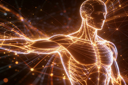 3d rendering of human body with glowing particles on black background.の素材