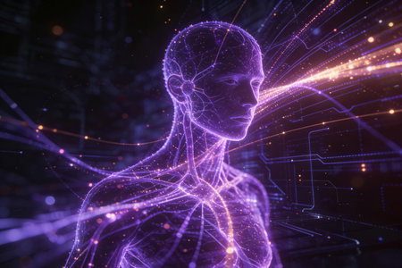 Digital human body with glowing lines and particles. 3D Renderingの素材