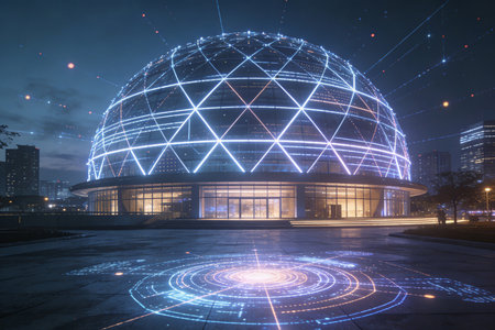 Global network connection over modern office building at night, business and technology conceptの素材