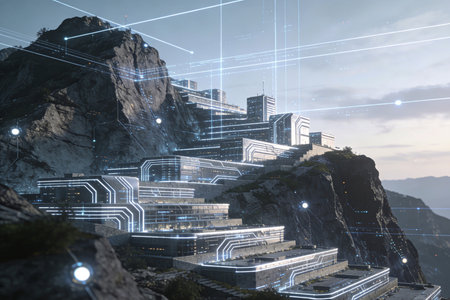 Digital city hologram against blue sky over mountain landscape 3D renderingの素材