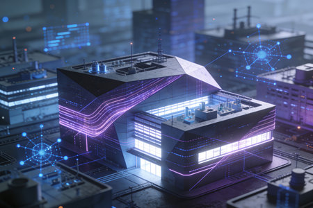 3D rendering of a modern city building with a hologram of a laptopの素材