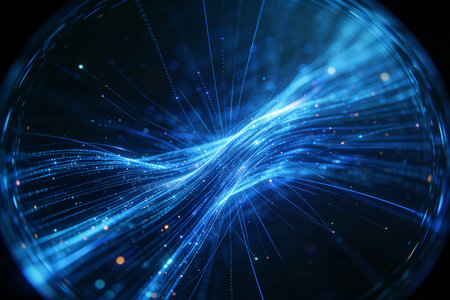 abstract blue background with glowing particles and lines, 3d renderの素材