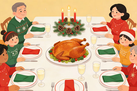 Illustration of a family celebrating christmas with a turkey on the tableの素材