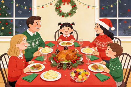 Christmas dinner with family and kids. Illustration for your design.の素材