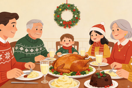 Happy family celebrating christmas dinner at home, cartoon vector illustration.の素材