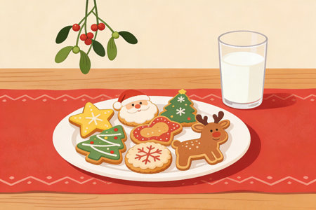 Illustration of a plate with Christmas cookies and a glass of milkの素材