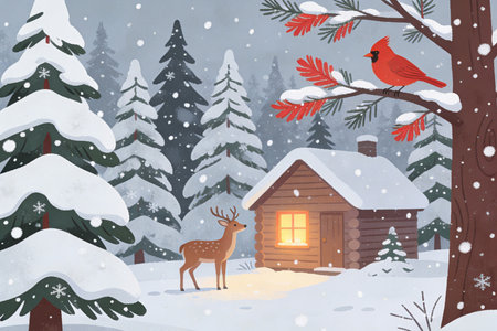 Christmas and New Year greeting card. Winter landscape with wooden house, red cardinal bird and fir trees.の素材