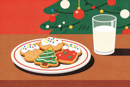 Illustration of a plate of Christmas cookies and a glass of milkの素材