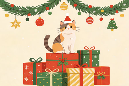 Cute cat sitting on Christmas tree with presents. Vector illustration.の素材