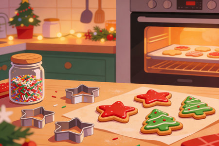 Cooking gingerbread cookies in the kitchen. 3d illustration.の素材