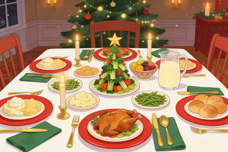 Christmas table with turkey, mashed potatoes and vegetables. Vector illustration.の素材