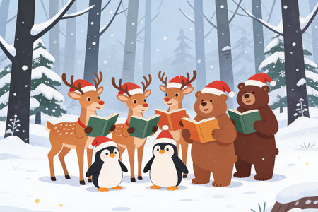 Christmas card with cute cartoon animals in the forest. Vector illustration.の素材
