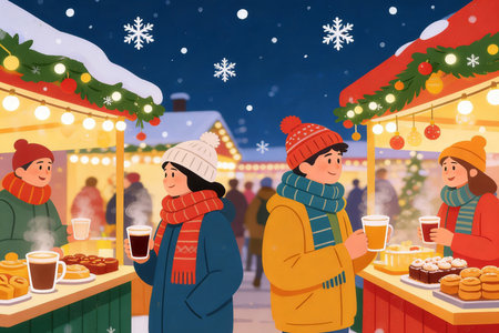 Vector illustration of people on Christmas market in winter. Man and woman with hot drinks and mulled wine.の素材