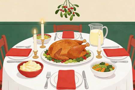 Illustration of a Christmas table with roasted turkey, mashed potatoes and vegetablesの素材