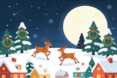 Christmas background with cute reindeer and snowflakes. Vector illustration.の素材